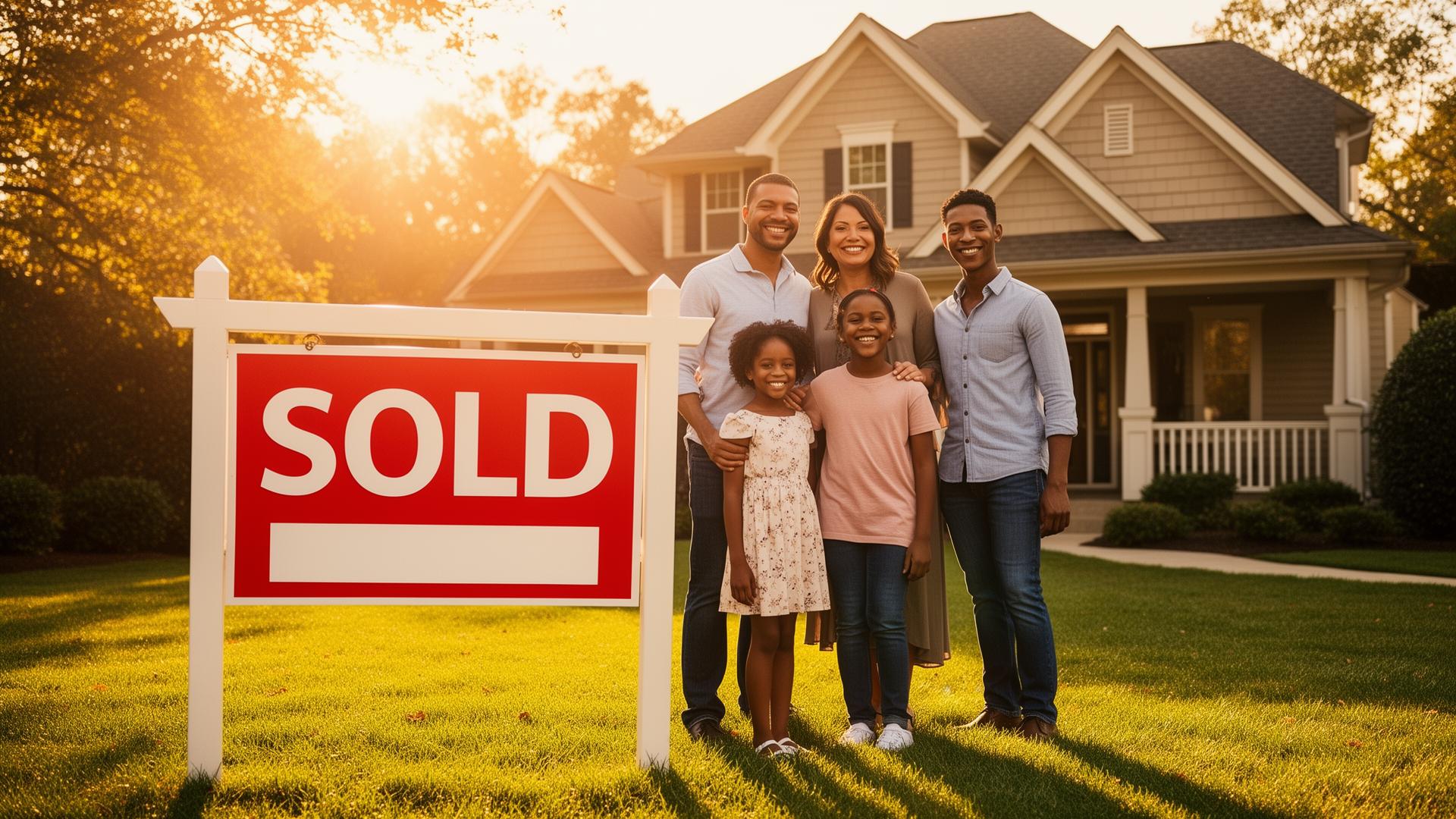 Happy family standing in front of their newly purchased home with a SOLD sign